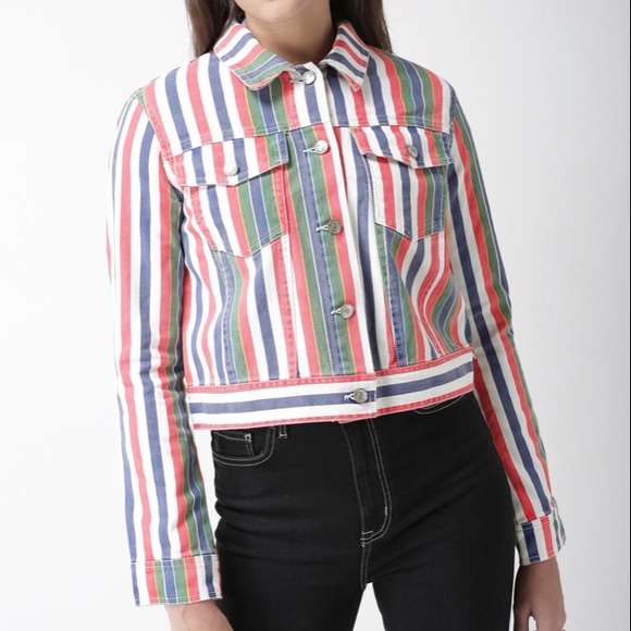 NWT FOREVER 21 Multicolor Stripe Denim Jacket - Picture 2 of 8
